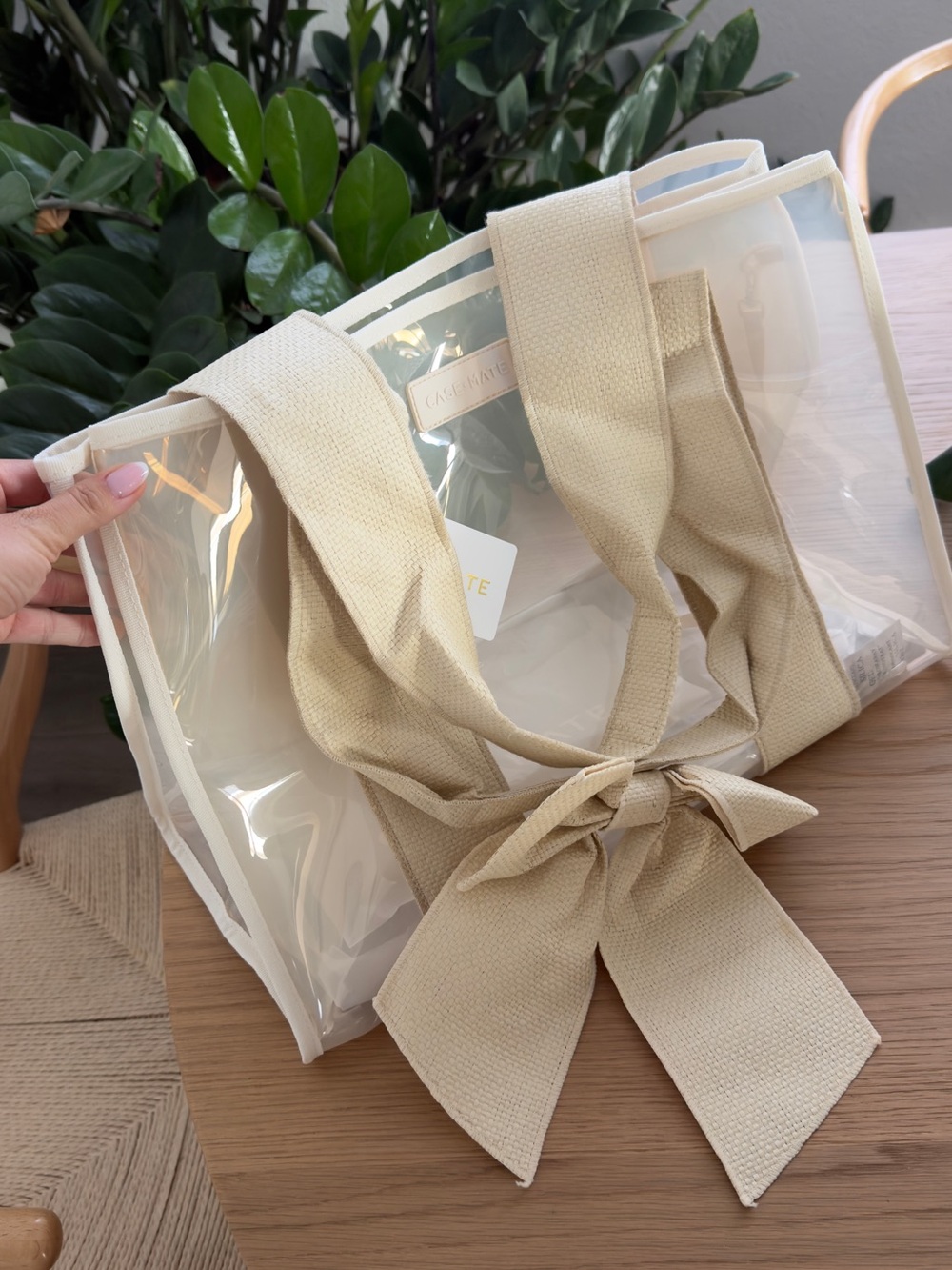case-mate Clear Tote with Beige Fabric Trim and Bow